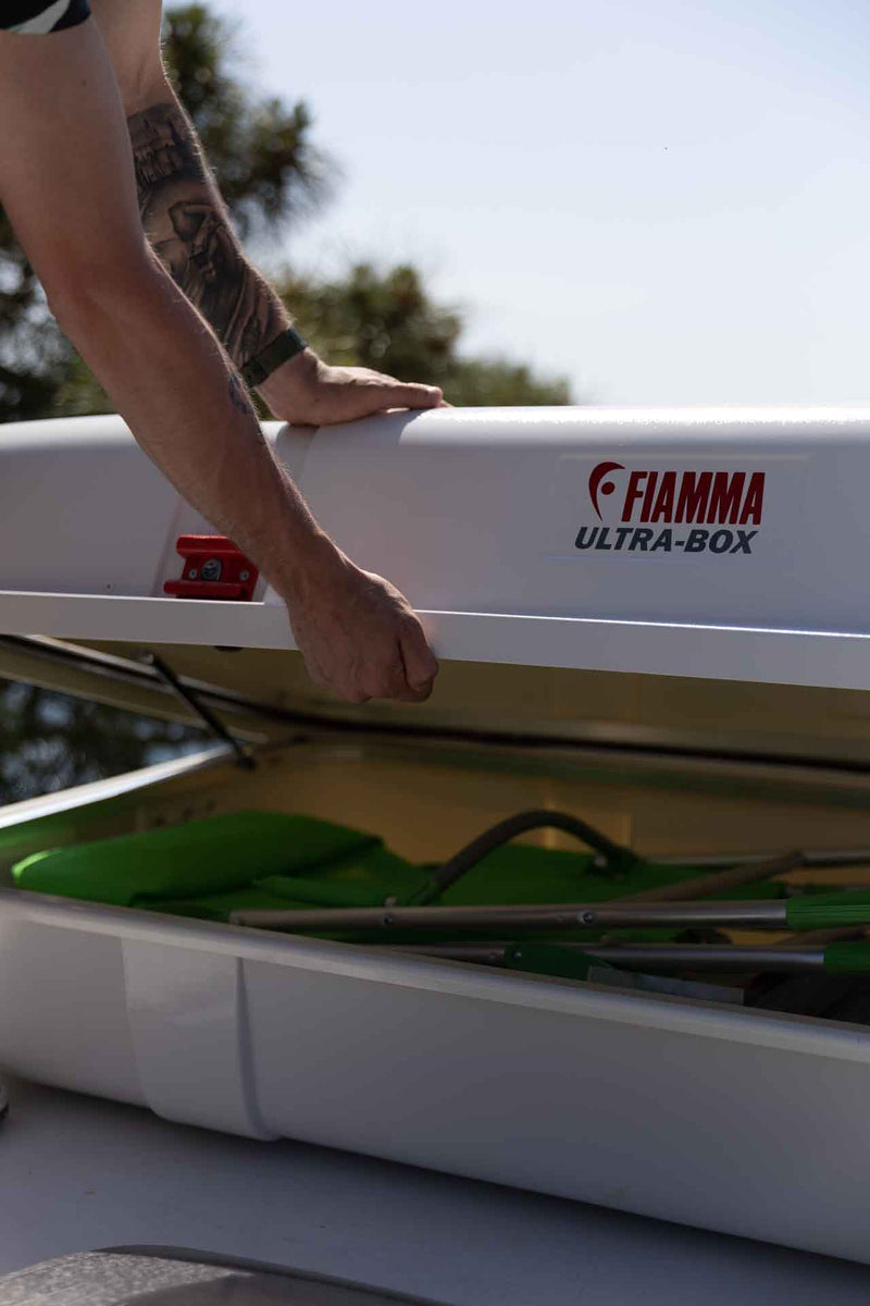 Ultra-Box 2 (400L, 120×91×42cm ext., 107.5×77.5×37.5cm int., 13kg) - Fiamma Ultra-Box roof boxes offering durable, weatherproof additional storage for motorhome and van travellers - My Fiamma