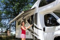 F45L 550 Wall Installation Awning - Fiamma wall-mounted awnings for caravans and motorhomes providing shade and sheltered outdoor space - My Fiamma