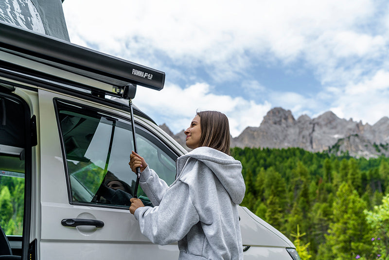 F43van 300 Wall Installation Awning - Fiamma wall-mounted awnings for caravans and motorhomes providing shade and sheltered outdoor space - My Fiamma