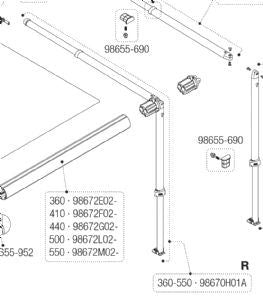 Fiamma Caravanstore Rh Leg / Rafter Assembly 360-550 98670H01A - Fiamma wall installation adapters enabling secure awning mounting across different vehicle types - My Fiamma