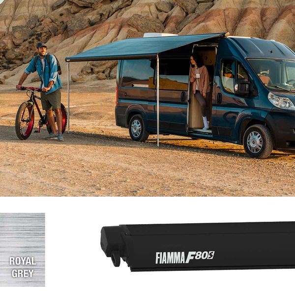 Fiamma Deep Black F80S 340 Royal Grey Fabric (07831C01R) - Fiamma wall installation adapters enabling secure awning mounting across different vehicle types - My Fiamma