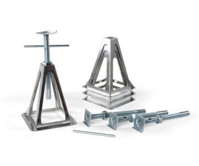 Fiamma Aluminium Caravan Jacks – Set of 4 Adjustable Support Stands – 1000 kg Each – 28-43 cm - Fiamma jacks and support plates offering secure lifting and stable vehicle support on uneven terrain - My Fiamma