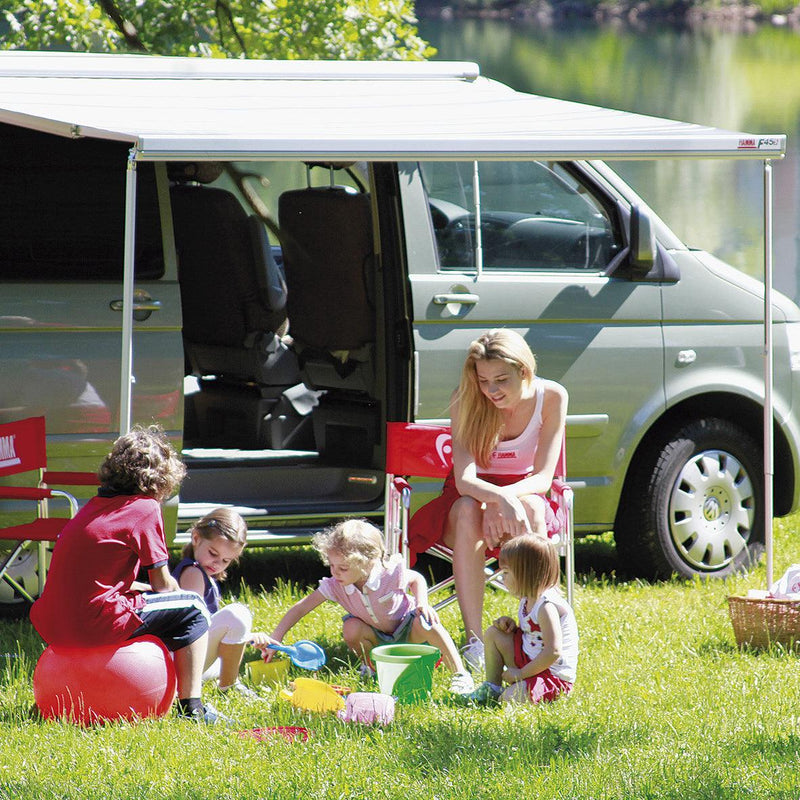 F45s - 300 - VW T5 / T6
M / T - Long - Wall Installation Awning - Fiamma wall-mounted awnings for caravans and motorhomes providing shade and sheltered outdoor space - My Fiamma